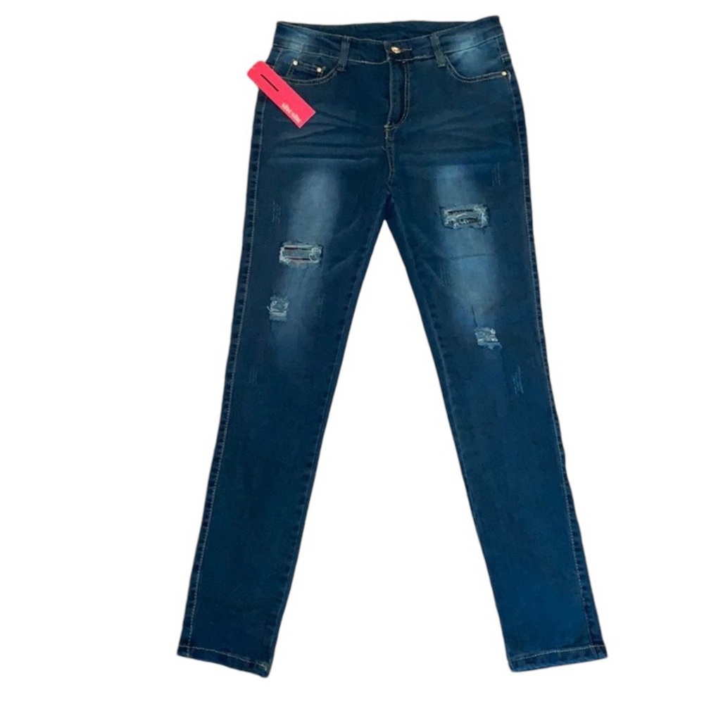 NWT shosho Ripped/Distressed Skinny Jeans with Red Plaid Underlay